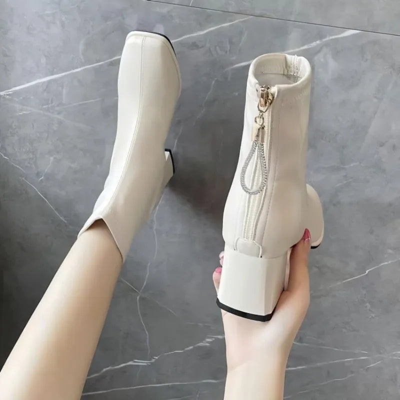 Footwear Tassel Booties Elegant with Medium Heels Women's Ankle Boots White Short Shoes for Woman Rhinestone Autumn Trend