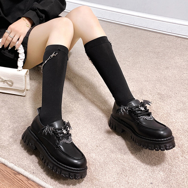 Metal Chain Platform Lolita Gothic Shoes Woman  Spring College Style Patent Leather Pumps Women Japan School Uniform Shoes