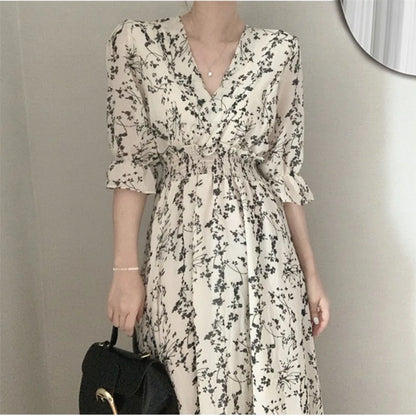 binfenxie Vintage Korea Fashion Clothing Summer Slim Elastic Waist A Line V Neck Elegant Office Lady Floral Chic Chiffon Long Dress Retro