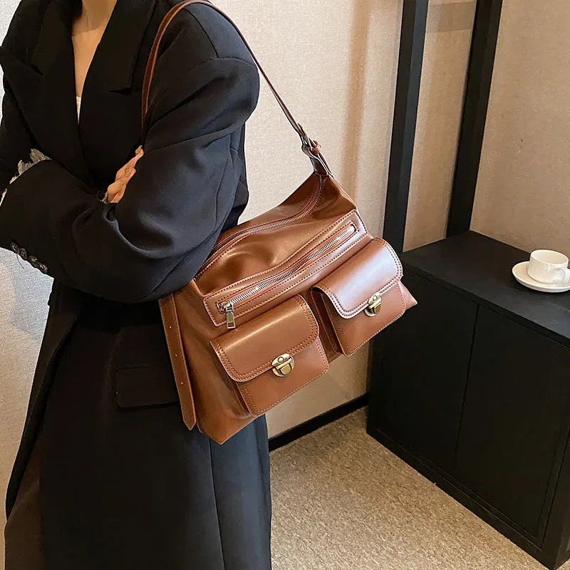 binfenxie Vintage Brown Shoulder Bag Women Retro Pu Leather Soft Pocket Casual Handbag Female Moto Biker Y2k Handbags Aesthetic