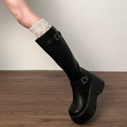 Platform Wedges Heel Women Knee High Boots Fashion Belt Buckle Slip On Long Booties Autumn Winter Female Shoes