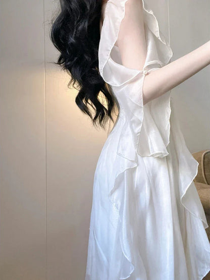 binfenxie Elegant White Dress Women Fairy Dresses Summer Chiffon Vintage Female Sundress Ruffles Holiday Style Fashion Robe