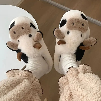 Women's Cartoon Cute Cow House Slippers Warm Plus Lined Closed Toe Fuzzy Home Slides Women's Fluffy Comfy Shoes Winter Autumn