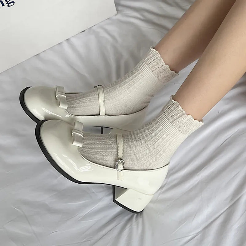 Cute Bowknot White Mary Jane Shoes Women New Thick Heels Nude Pumps Woman Japanese Ankle Buckle Lolita Shoes Mujer