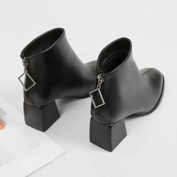 Winter Boots Lady Boots-Women Autumn Shoes Zipper Elegant High Heel Rubber Ankle Solid Basic Casual Square Toe PU Sewing Le