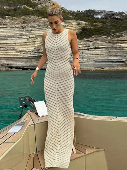 Fashion Knitted Hollow Vest Maxi Dress Women Round Neck Sleeveless Double Split Bodycon Dresses Summer Lady Beach Vestidos