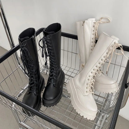 New Women Motorcycle Knee-high Boots Woman Fashion Thick Sole Platform Flats Heels Zipper Botas Femininas Long Booties