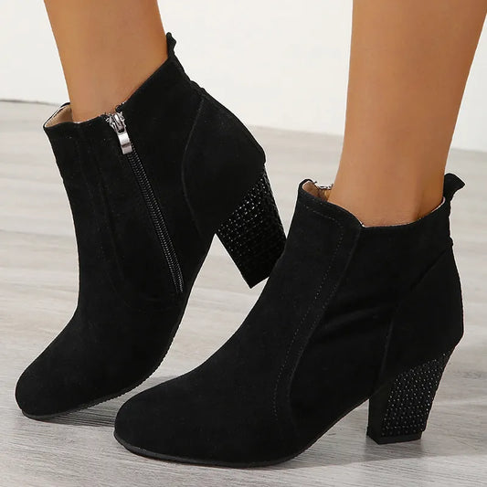 Fashion Crystal Square Heel Ankle Boots Woman Autumn Winter Round Toe Black Heeled Boots for Women Short Botas Mujer