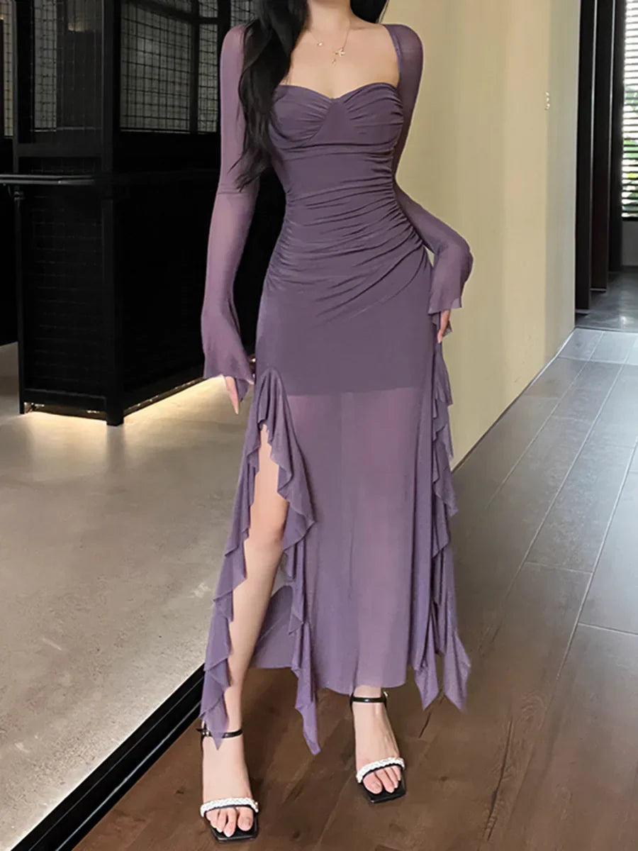 binfenxie Purple Mature Sexy Beautiful Confident Elegant Graceful Women'S Translucent Thin Straight Dress