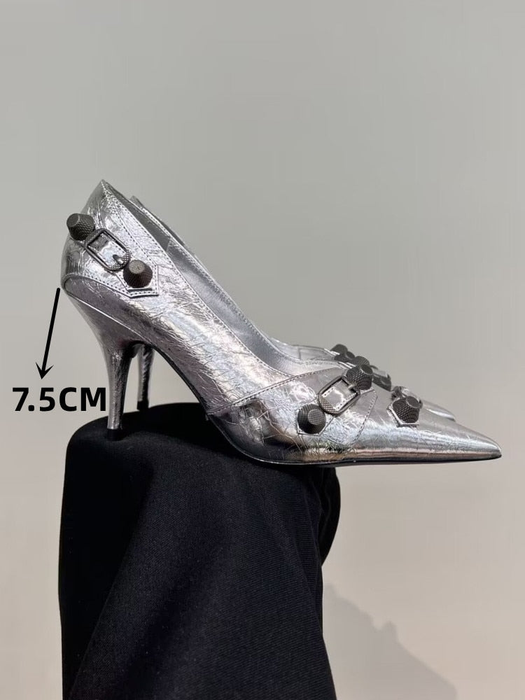 European and American Pointed Thin High-heeled Women's Single Shoes Fashion Rivets New Spring and Summer Sexy Women's Shoes