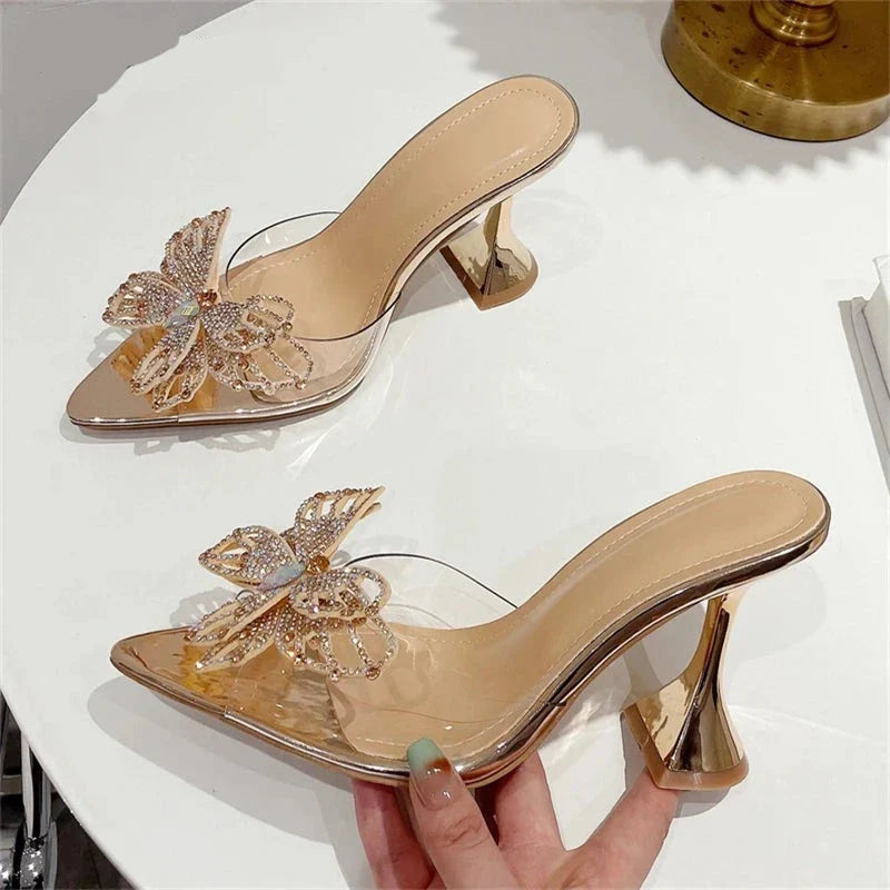 Futurecen Fashion Style Crystal Bowknot Women Slippers Sexy Pointed Toe Strange Heels PVC Transparent Pumps Sandals Slides Shoes