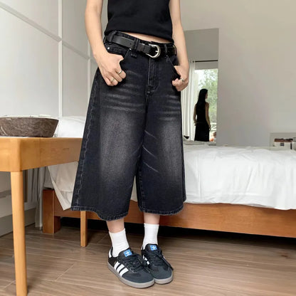 binfenxie Women Black Y2k Style Baggy Denim Shorts Wide Leg Short Pants Fashion High Waisted Dark Wash Knee Length Jeans Female Casual