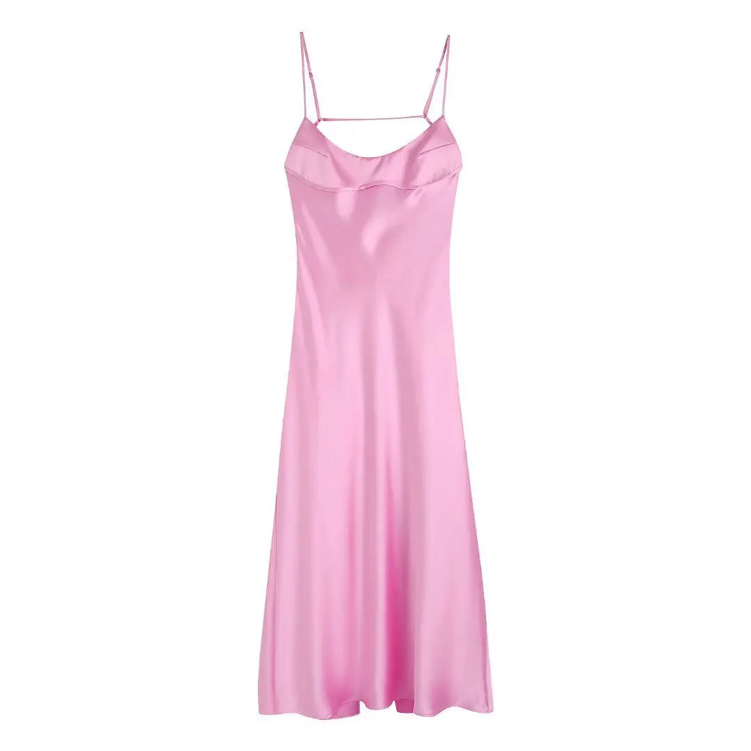 Mid-calf Satin Dress Elegant Pink Sexy Sleeveless Cut Out Party Dresses Casual Holiday Birthday Women Clothing