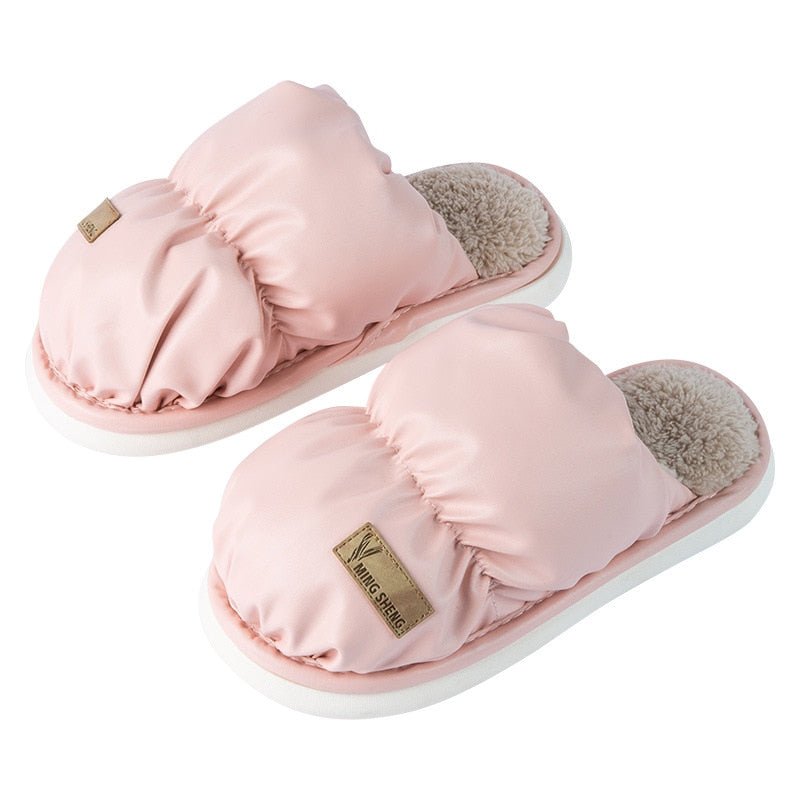 Winter Home Warm PU Waterproof Slippers Women Men Fur Soft Shoes Non-slip Indoor Bedroom House Female Couples Furry Slides