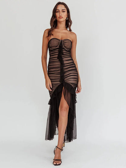 Mesh Strapless Lace Draped Sexy Midi Dress For Women Fashion Off-shoulder Sleeveless Backless Bodycon Club Party Dress