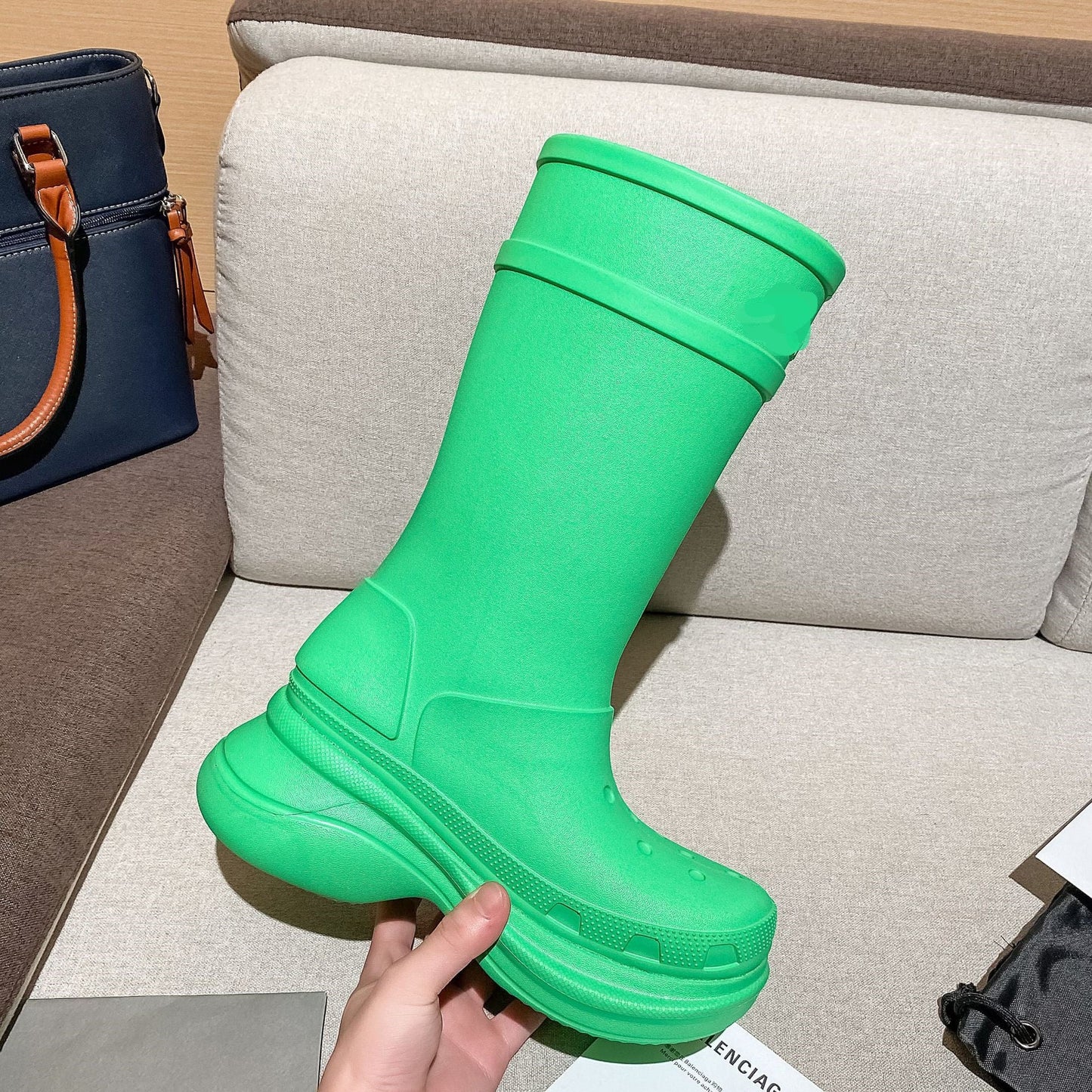 Luxury brand Rain Boots Women Waterproof Thick Sole Mid Calf Boots Comfort Round Toe Slip On Boots Men 35-42