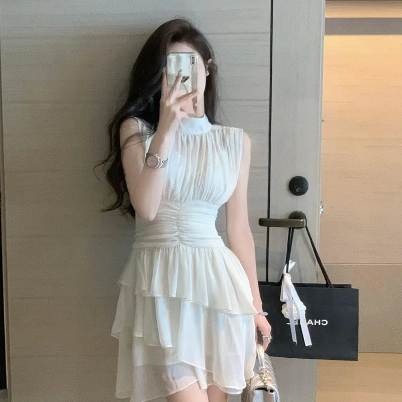 Chic And Elegant Dresses For Women  Summer Bodycon Chiffon Mini White Dress Cascading Ruffle Slim Fit Sleeveles Fairy Dress