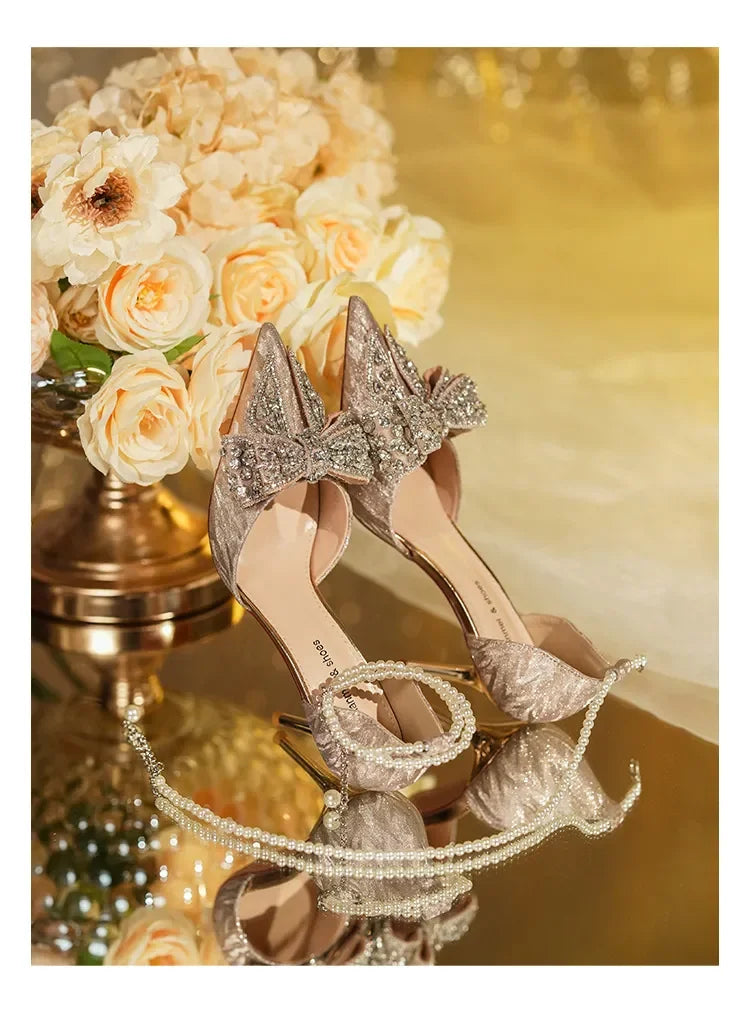 Luxury Pointed Toe Women Rhinestone Butterfly Pearl Gold High Heels Silver High Heel Sandals Party Wedding Shoes Plus Size