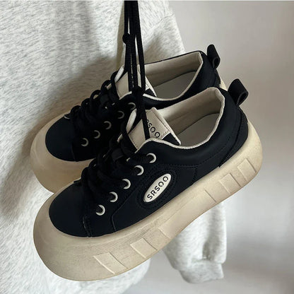 binfenxie Women Little White Shoes Advanced Versatile Thick Bottom Casual Sneakers  New Solid Color Lace-up Sports Board Shoes Women