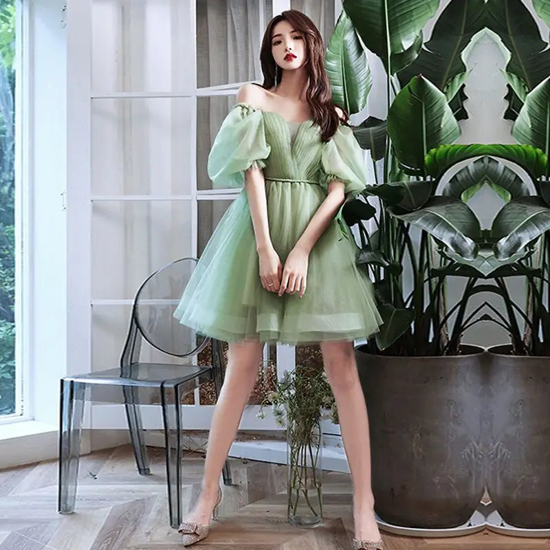 binfenxie Green Sweat Puff Sleeve Lady Girl Women Princess Bridesmaid Banquet Party Ball Prom Short Dress Gown Sexy Bandeau Backless Club