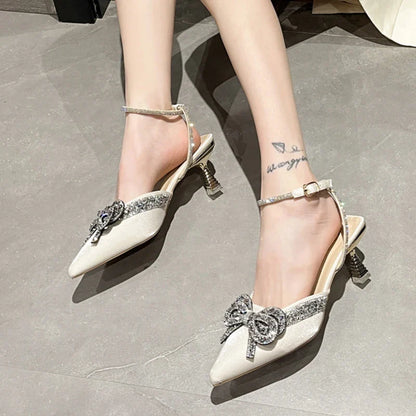 Shiny Crystal Bowtie Pumps Women Fashion Ankle Strap High Heels Party Shoes Woman Summer Pointed Toe Sandals Mujer