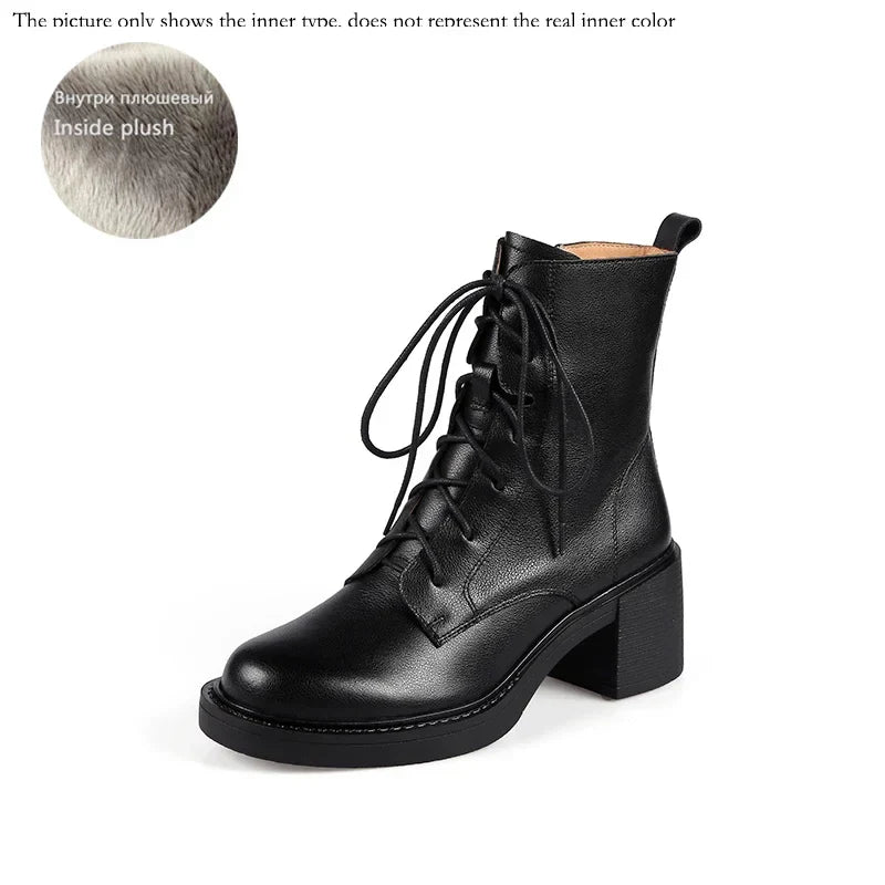 Winter Genuine Leather Women Boots Round Toe Thick Heel Lace Up Fashion Ankle Boots Retro Boots  Platform Shoes Heels Grown