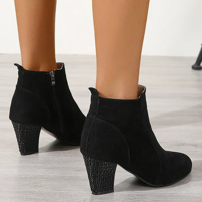 Fashion Crystal Square Heel Ankle Boots Woman Autumn Winter Round Toe Black Heeled Boots for Women Short Botas Mujer