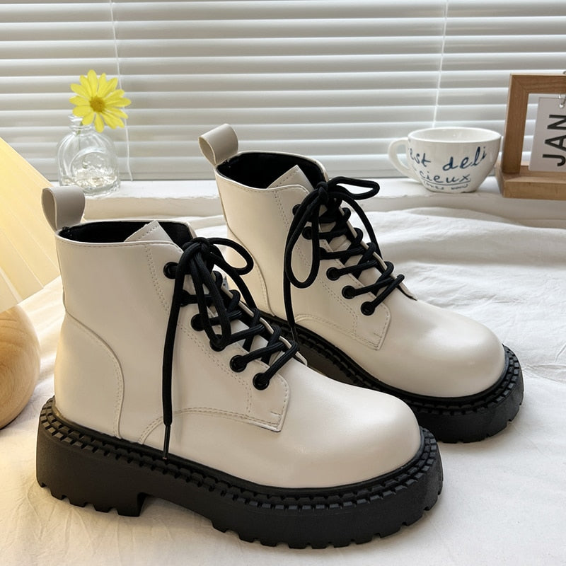 Chunky Platform Combat Boots for Women Autumn Winter PU Leather Ankle Booties Women Punk Thick Bottom Non Slip Motorcycle Boots