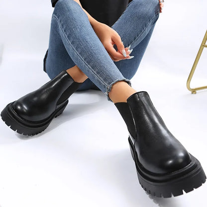 Chunky Pu Leather Chelsea Boots for Women Fashion Slip On Platform Ankle Booties Woman Black Thick Bottom Short Boots