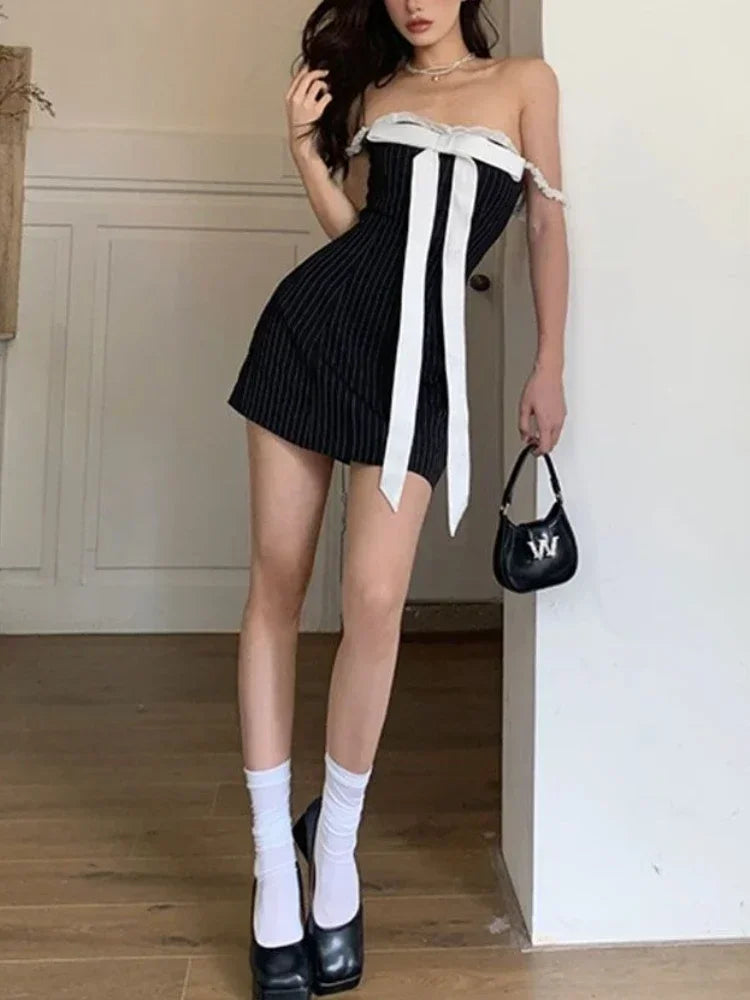 Off Shoulder Stripe Dress Women Lace Bow Patchwork Vintage Elegant Slim Backless Sexy Mini Dress Evening Party Club