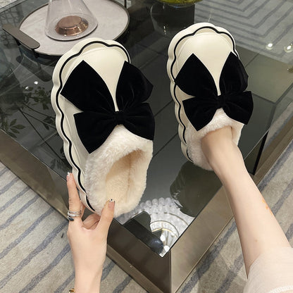 Med Fur Shoes Slippers Casual Slides Cover Toe Platform Slipers Women Butterfly-Knot Plush Luxury Flat 2022 Rome PU Fabric Fashi