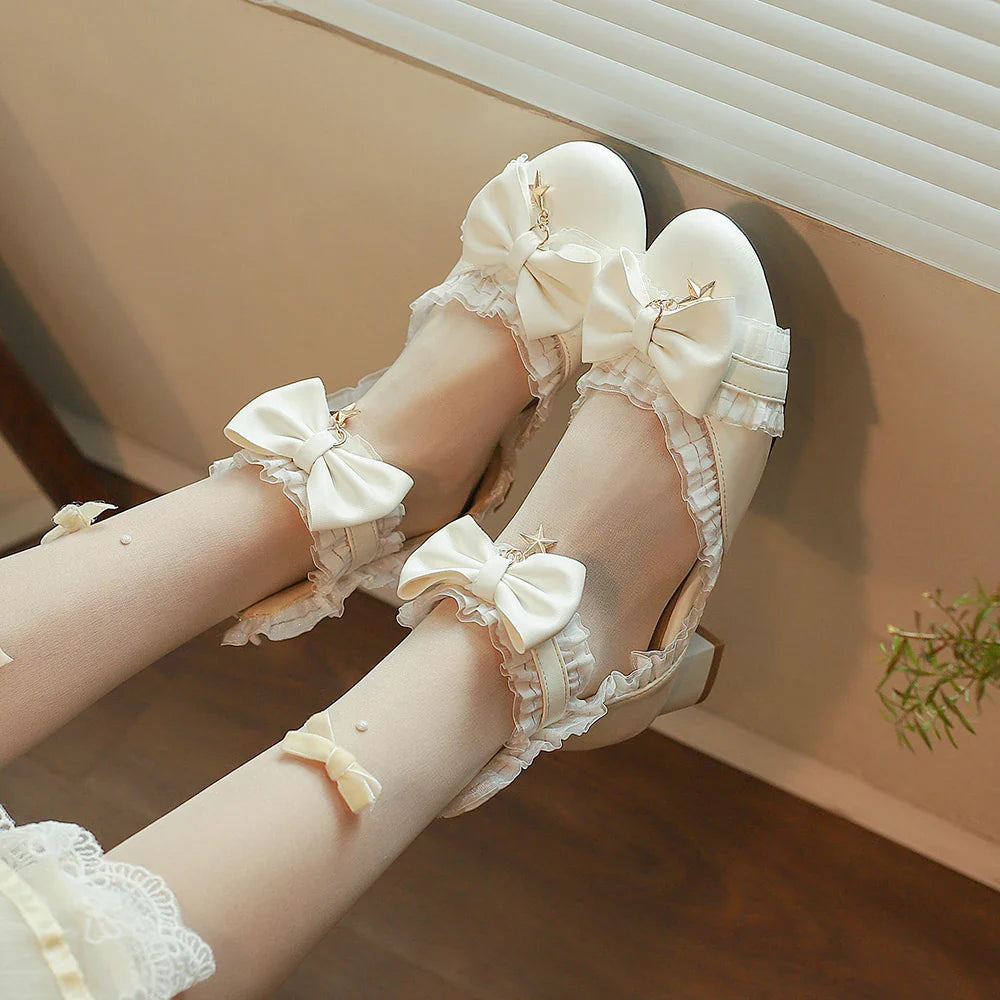 Futurecen Classic Bow Lolita Shoes Sweet Lace back zipper Ankle Strap Spike Heel Pumps Female Cosplay Party Ruffles Princess High Heels