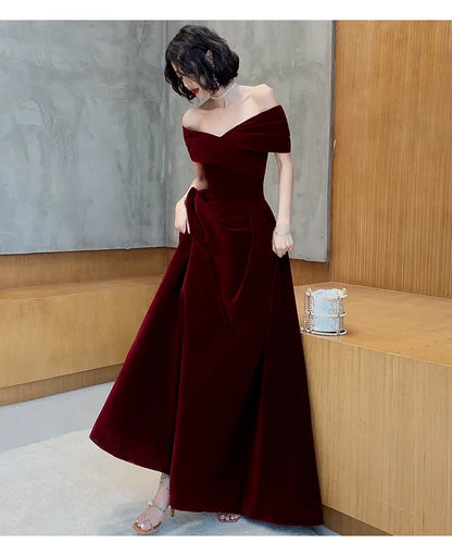 Lautaro Spring Long Luxury Elegant Wine Red Soft Velvet Evening Party Wedding Dresses for Women  Off Shoulder Maxi Dress