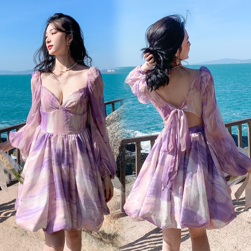 binfenxie Summer Mini Princess Dress Women Long Cute Fairy Short Ball Gown Dresses for Wedding Guest Birthday Prom Vacation, Purple