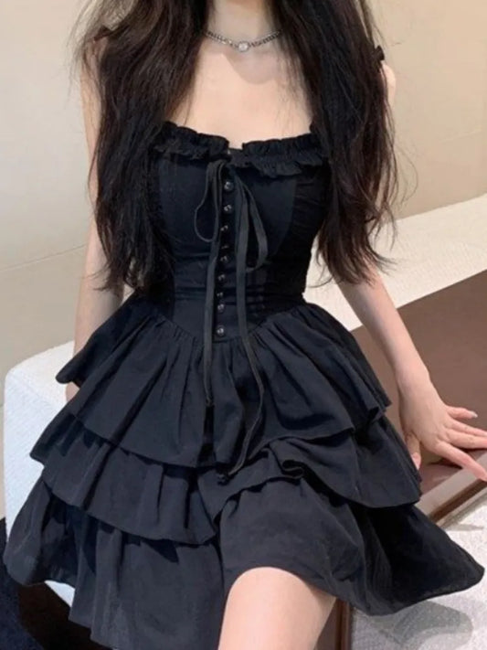 binfenxie Gothic Goth Harajuku Sexy Slip Dress Ruffles Y2k Streetwear Dark Punk Cake Dresses Party Korean Fashion 2023 Summer