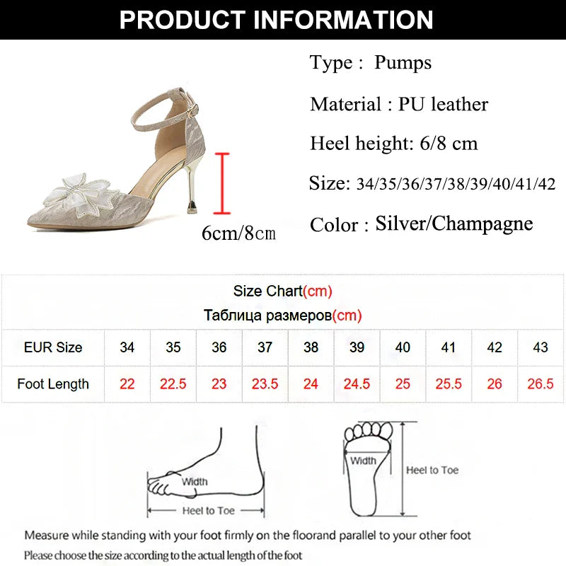 Elegant Silver High Heels Pumps Women Autumn Plus Size 42 Ankle Straps Party Shoes Woman Pointed Toe Bowtie Wedding Shoes