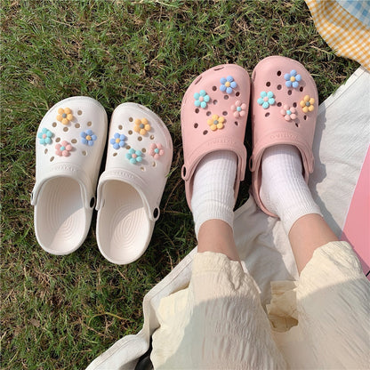 DIY Hole Slippers Women Summer Sandals EVA Sole Flower Decor Beach Slippers Non-slip Woman Sandals Soft Bottom Indoor Flip Flops