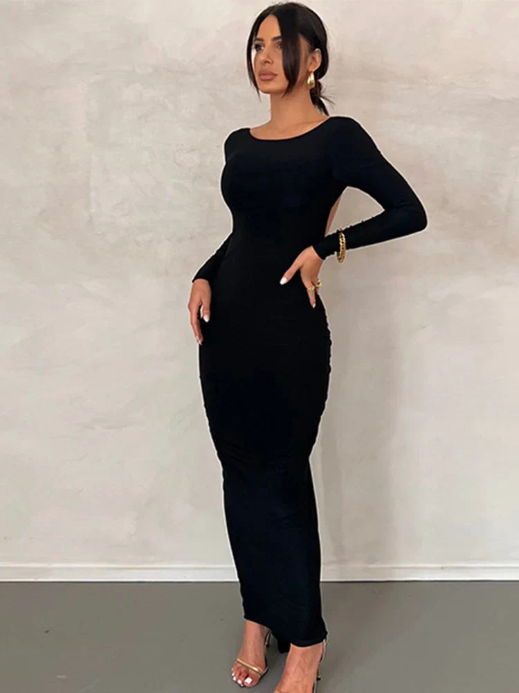 Backless Pleated Midi Dress Women Fashion O-Neck Long Sleeve Dresses Spring Chic Female Sexy Party Evening Outfits