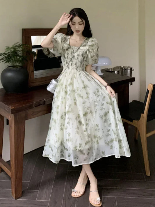 binfenxie Korean Style Mixi Cottagecore Dress Women Fairycore Floral Prom Gown Y2k Elegant Puff Sleeve Tunic Graduation Dresses