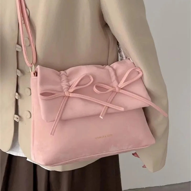 binfenxie Pink Womens Shoulder Bag 2024 Fashion Pleated Elegant Casual Bow Tote Bag Scarves Large Capacity Exquisite Female Handbag