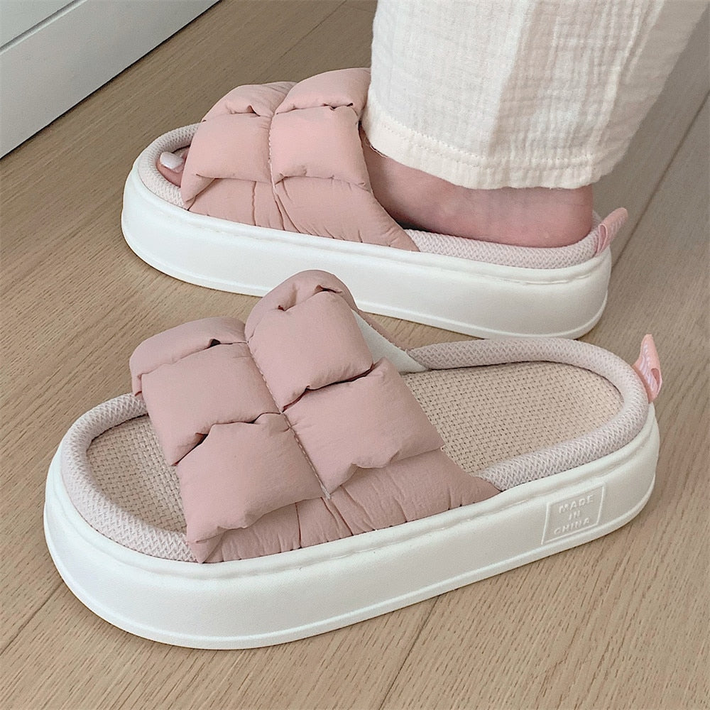 Women Slippers Summer Four Seasons Checked 4cm Thick Soft Sole Linen Slippers Indoor Home Bedroom Couple Floor Slippers