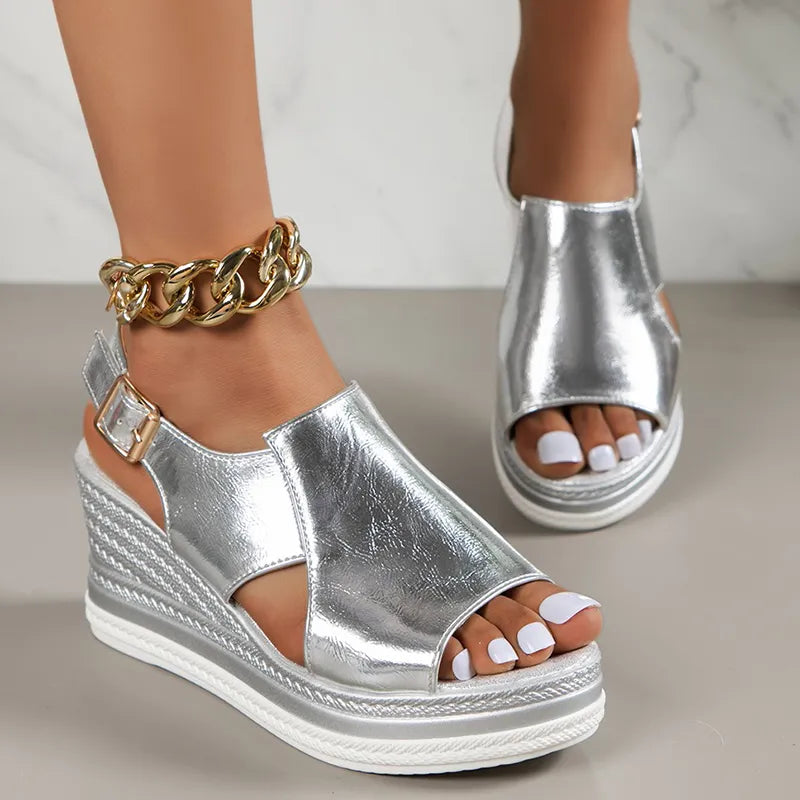 Gold Silver PU Leather Wedge Sandals for Women 2023 Summer Peep Toe Platform Sandles Woman Plus Size Thick Sole Sandalias