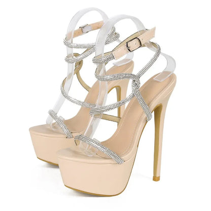 Futurecen CRYSTAL Open Toe Buckle Strap Women Sandals Sexy Super Thin High Heels Shoes Platform Stripper Summer Pumps