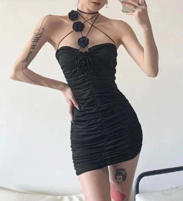 binfenxie Black Mysterious Sexy Mature Party Intellectual Feminine Rose Decorative Folds Charming Tight Women's Tube Top Dress