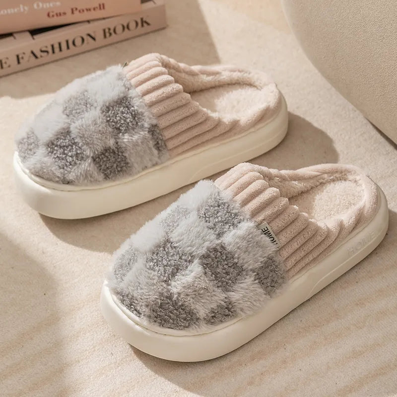 Fashion Couple Winter Toe Wrap Warm Plaid Cotton Slippers Thick Soft Sole Slides Men Women Indoor Floor Flat Home Non-slip Shoes