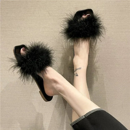 Summer Fluffy Slides Vintage Feather Women's Slippers and Ladies Sandals Flat Shoes Pink Fuzzy Furry Trend New Style I F B