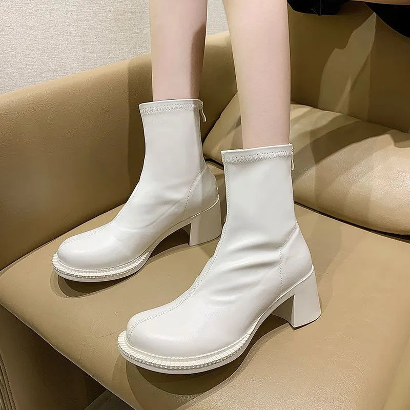 Short Shoes for Women Very High Heels Punk Style Booties Combat Female Ankle Boots White Footwear Heeled Round Toe Fashion