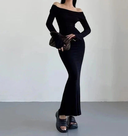 binfenxie Long Dress Y2K Long Sleeve Dress Women Clothes Off Shoulder Maxi Dress Autumn Winter Streetwear Bodycon Trumpet Black Dress