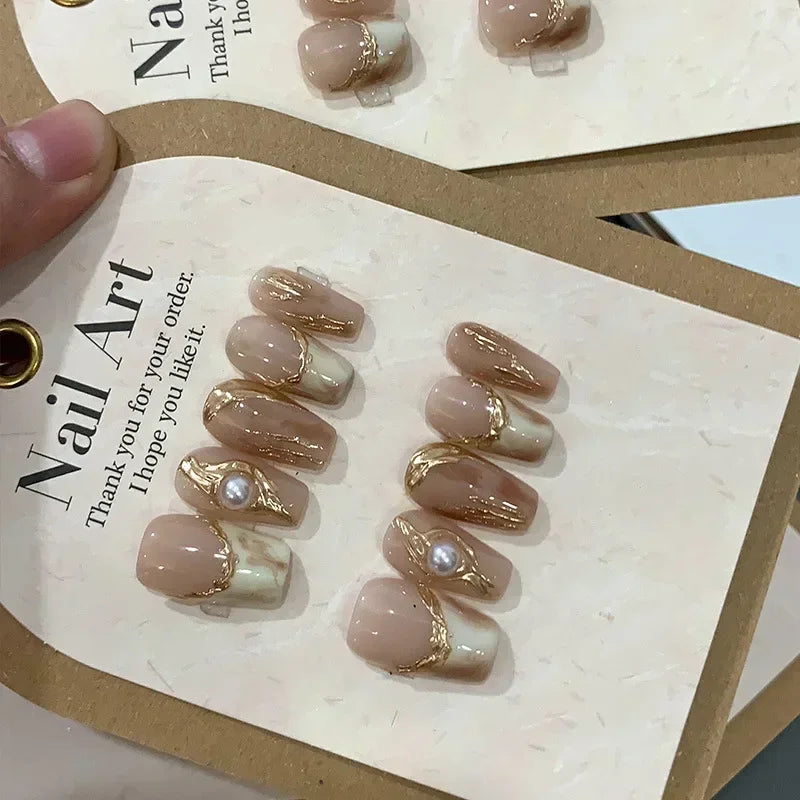 10pcs detachable almond handmade false nails ballet wearable Maillard style artificial nail with glue fall winter press on nails