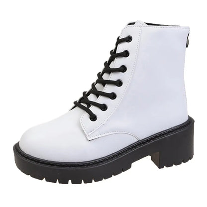 White Chunky Platform Combat Boots Women Back Zipper Pu Leather Ankle Boots Woman Punk Thick Bottom Motorcycle Botas Mujer